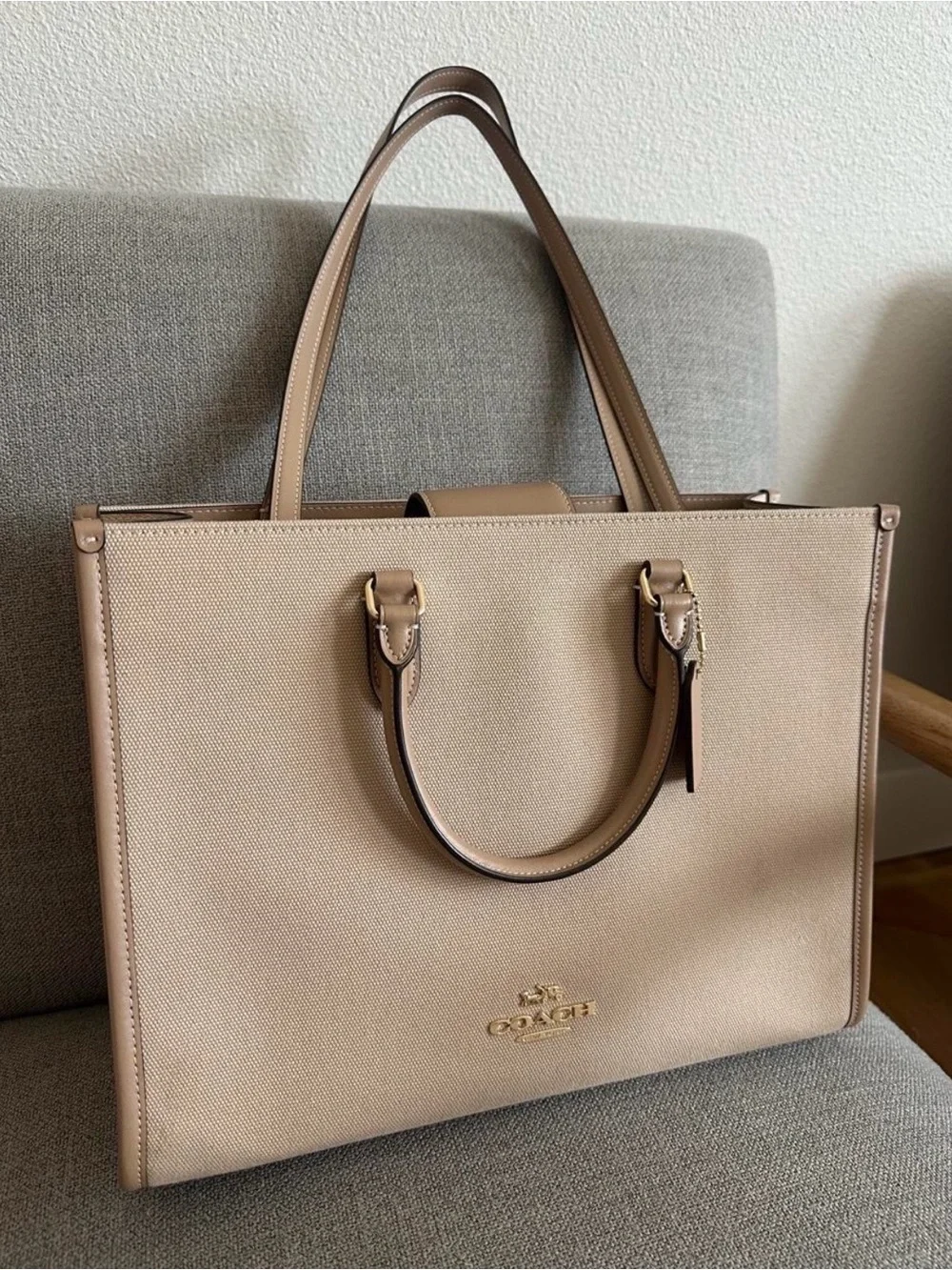 Coach Beige Canvas Tote with Tan Leather Trim and Gold Hardware